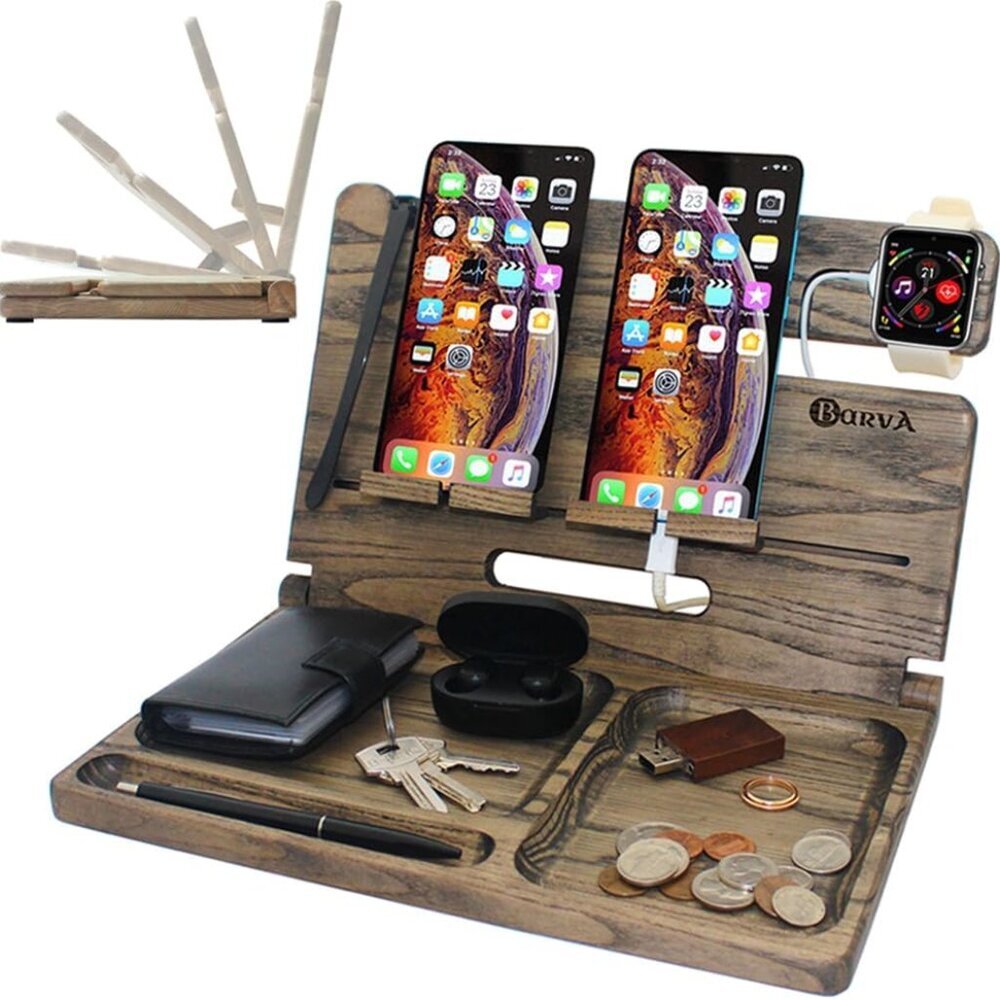 Two Phone Docking Station | Foldable Night Stand Desk Organizer | Rustic Nightst